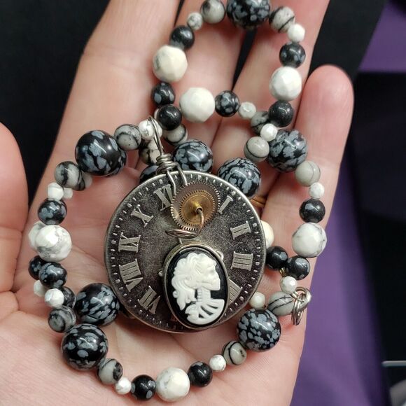 Steampunk Style Natural Stone, Skeleton Cameo, Roman Numeral Clock Disc Necklace - Picture 8 of 12